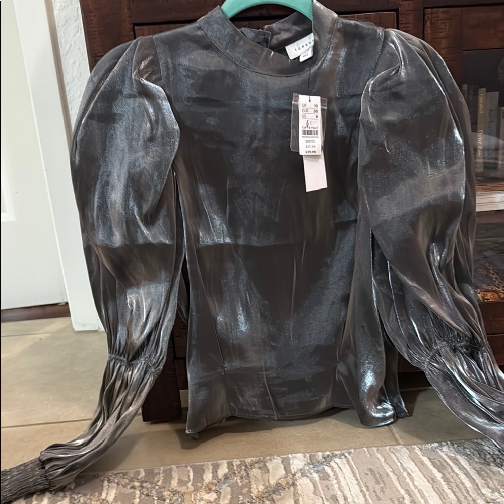 Topshop Silver Fitted Blouse with Puff Sleeves
